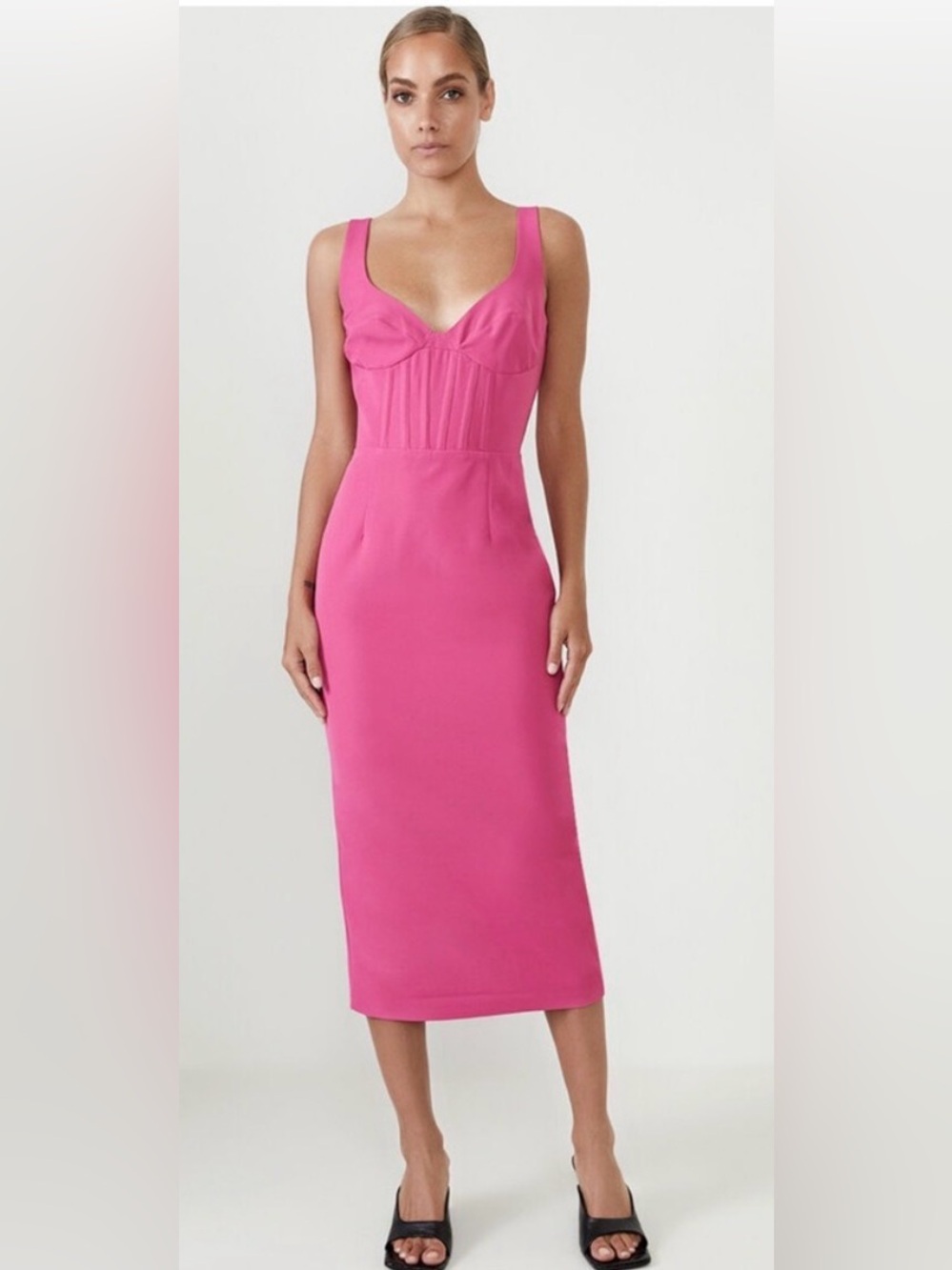 Bardot Corset Midi Sheath Dress Cocktail Party Magenta Pink 6